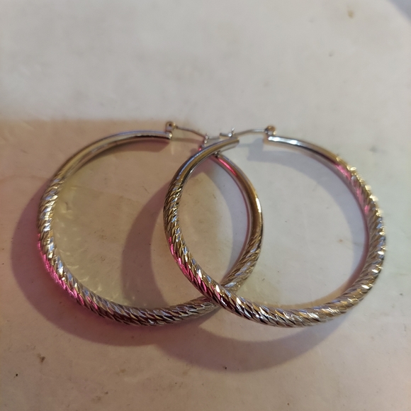 3 pair Silver tone  hoop earrings with texture. 2" dangle round - Picture 4 of 5